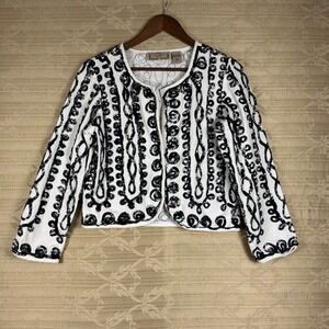 Life Style Petite Jacket Womens PM White Black Excellent Cotton Embroidered